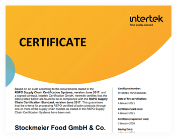 Сертификат немецкой фабрики RSPO
